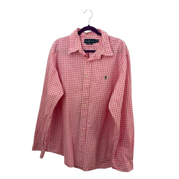 Ralph Lauren Custom Fit Mens Shirt XXL Pink Gingham Check Green Pony Preppy - Picture 1 of 10